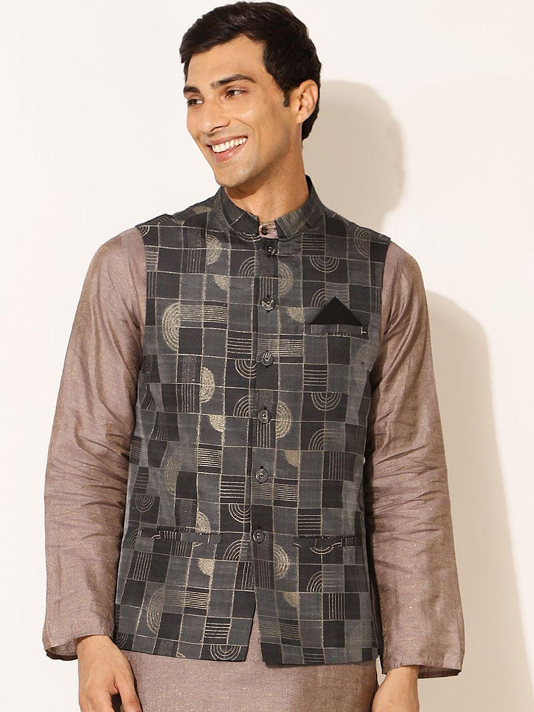 fabindia men black woven design nehru jacket