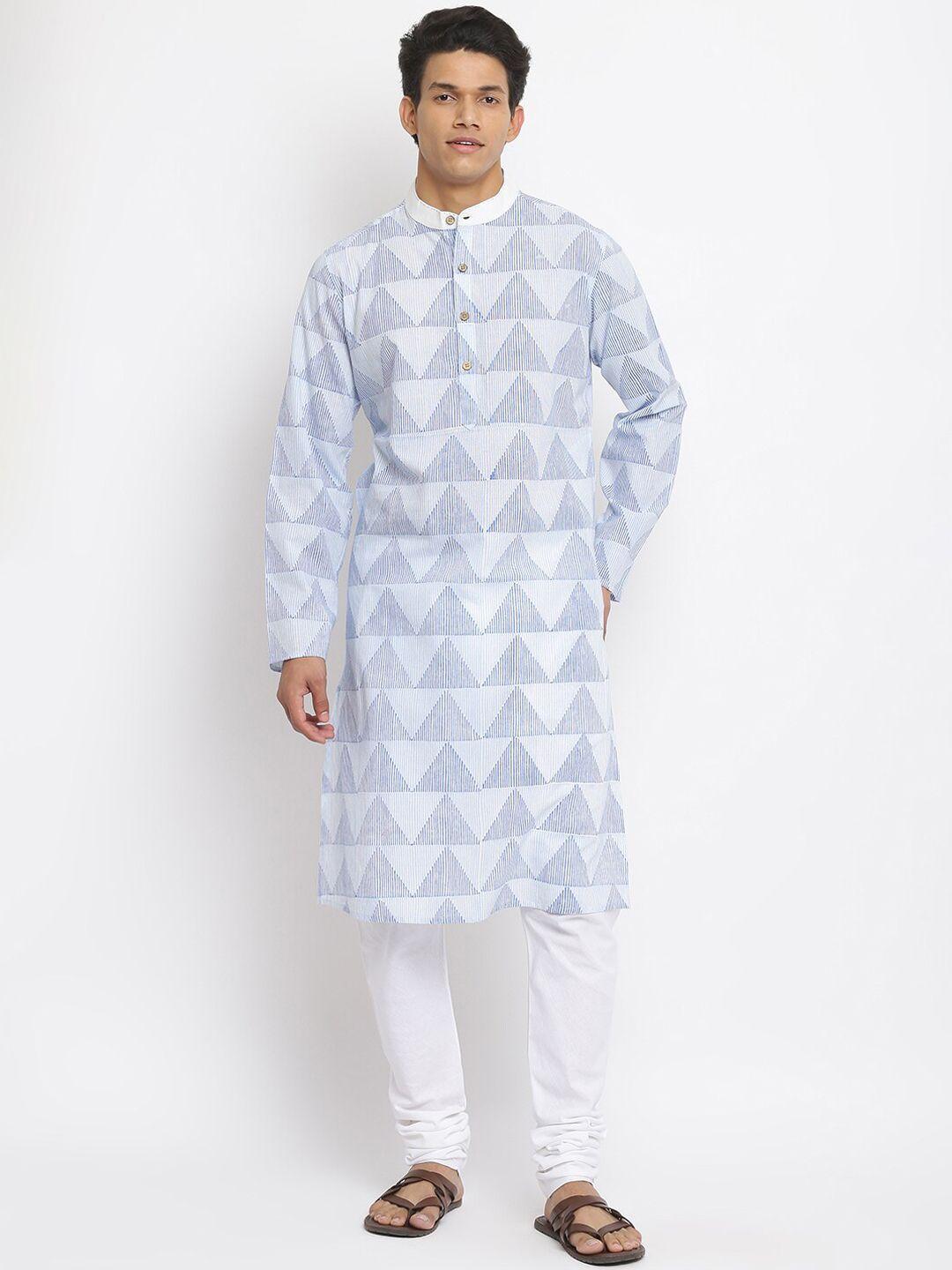 fabindia men blue & white geometric printed kurta