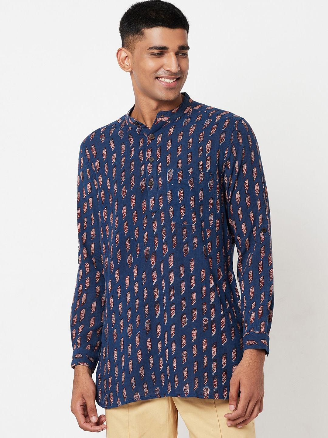 fabindia men blue cotton printed slim fit short kurta with cuff