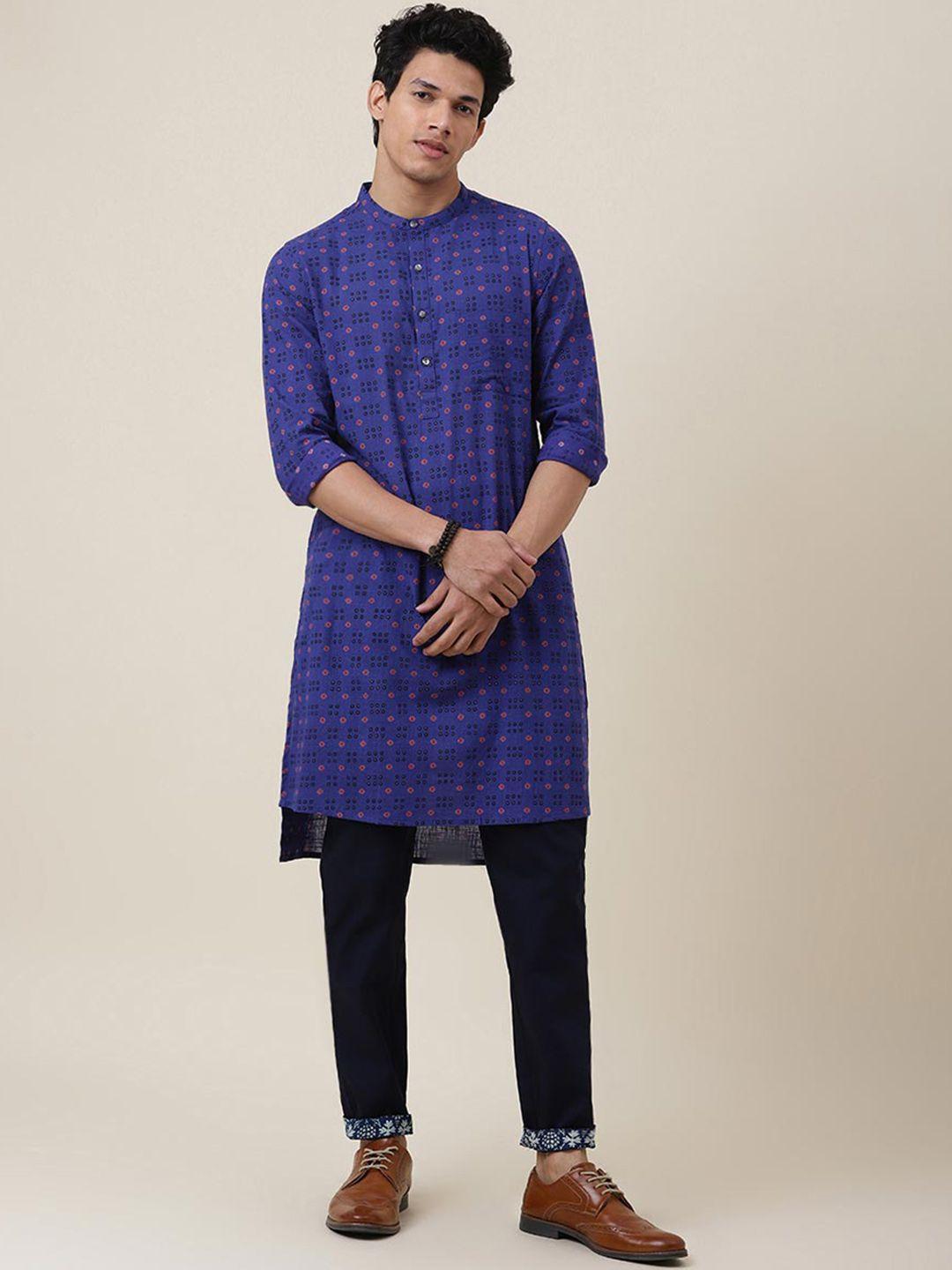 fabindia men blue floral printed cotton high low kurta