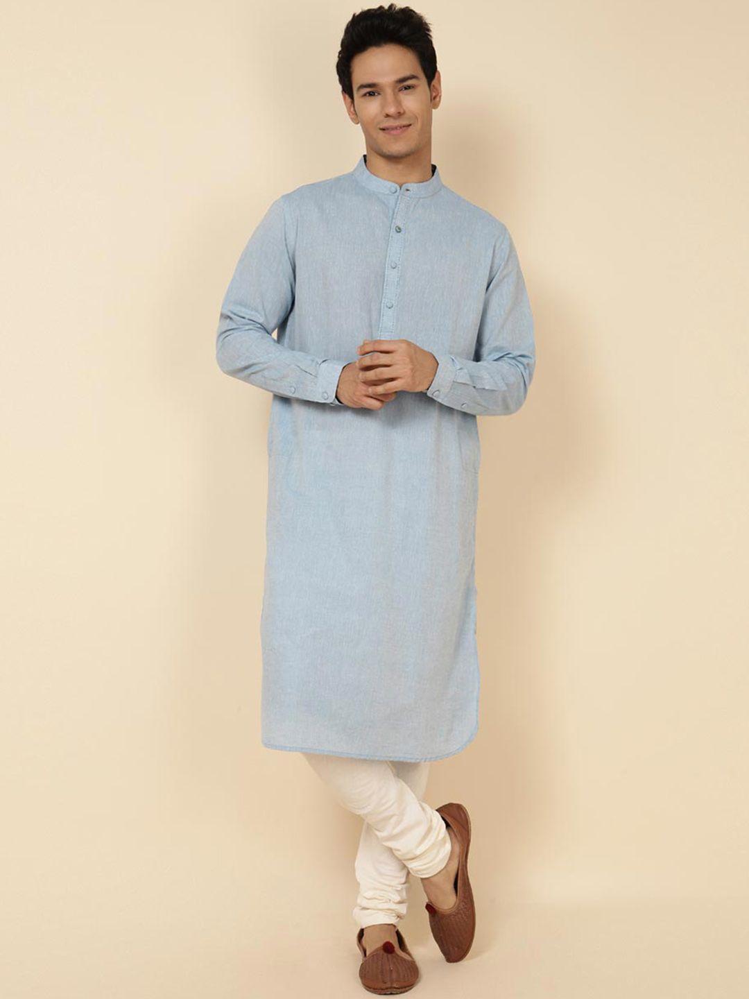 fabindia men blue keyhole neck flared sleeves thread work pathani kurta