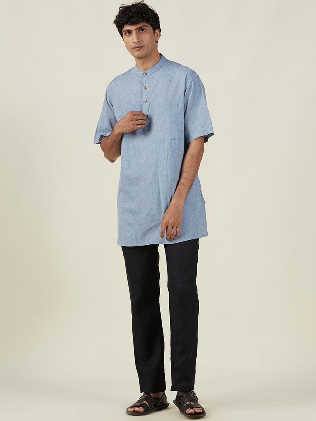 fabindia men blue mandarin collar cotton kurta