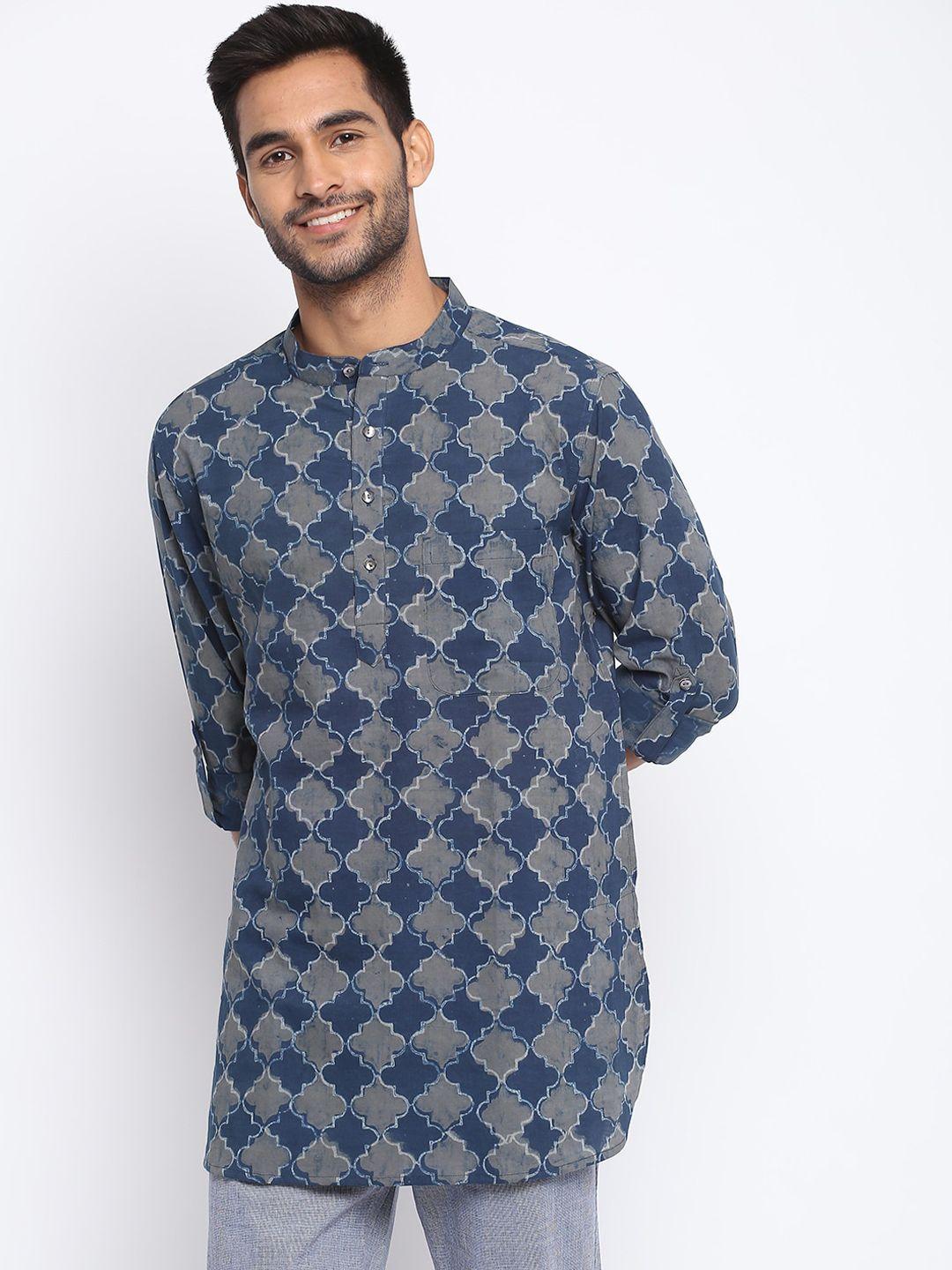 fabindia men blue printed cotton kurta