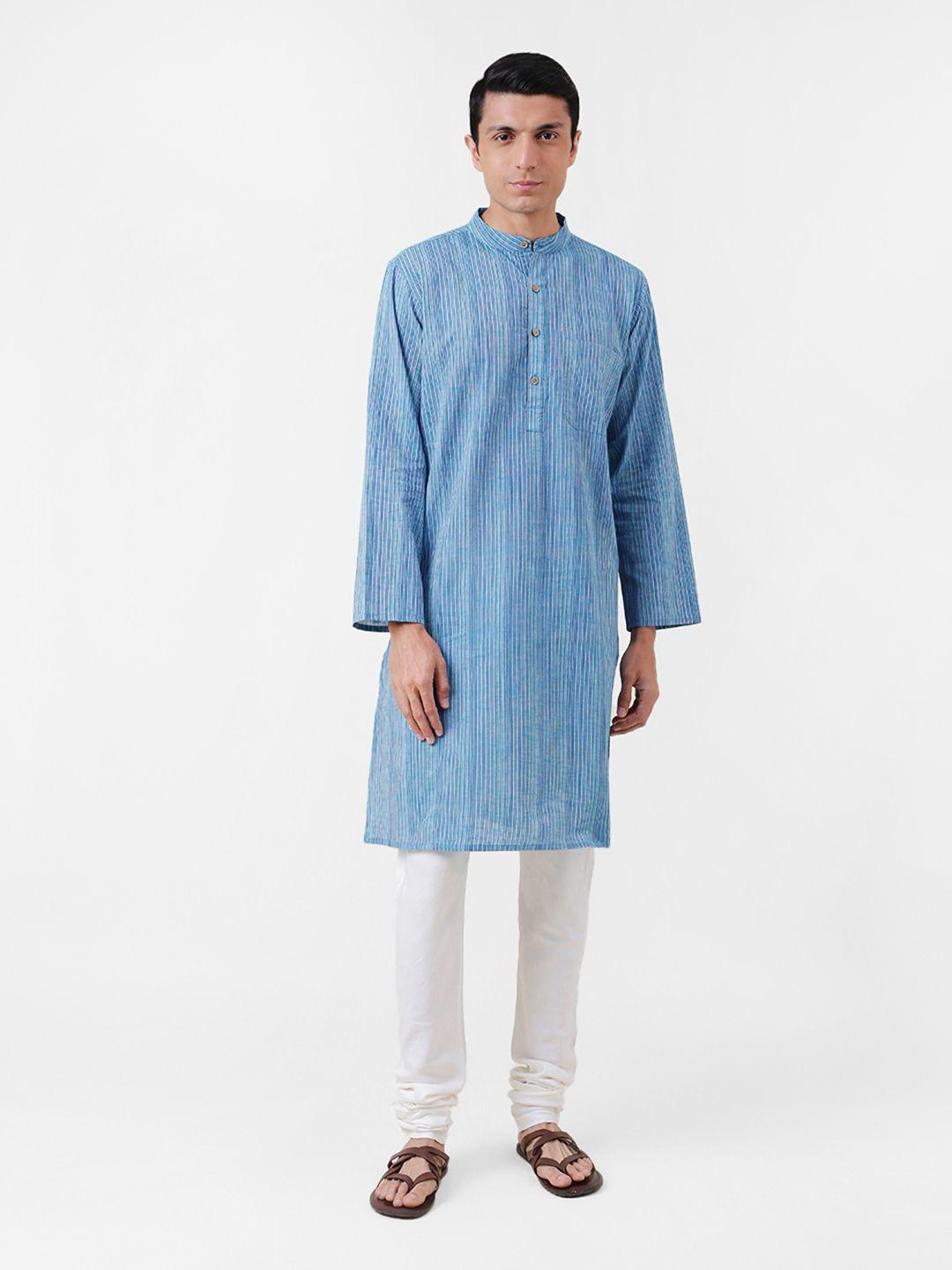 fabindia men blue pure cotton striped woven design kurta