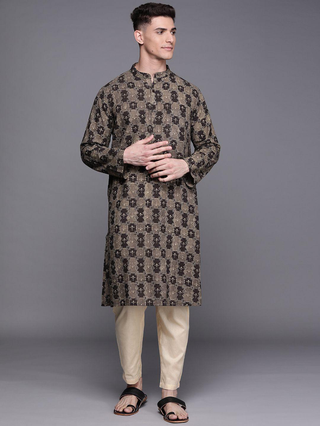 fabindia men brown pure cotton comfort fit printed kurta