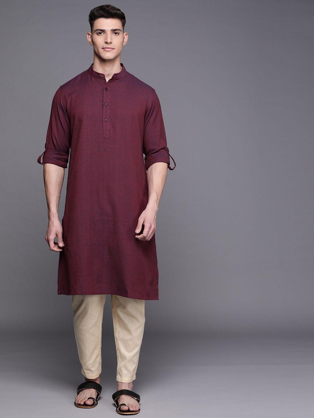 fabindia men burgundy pure cotton woven design comfort fit kurta