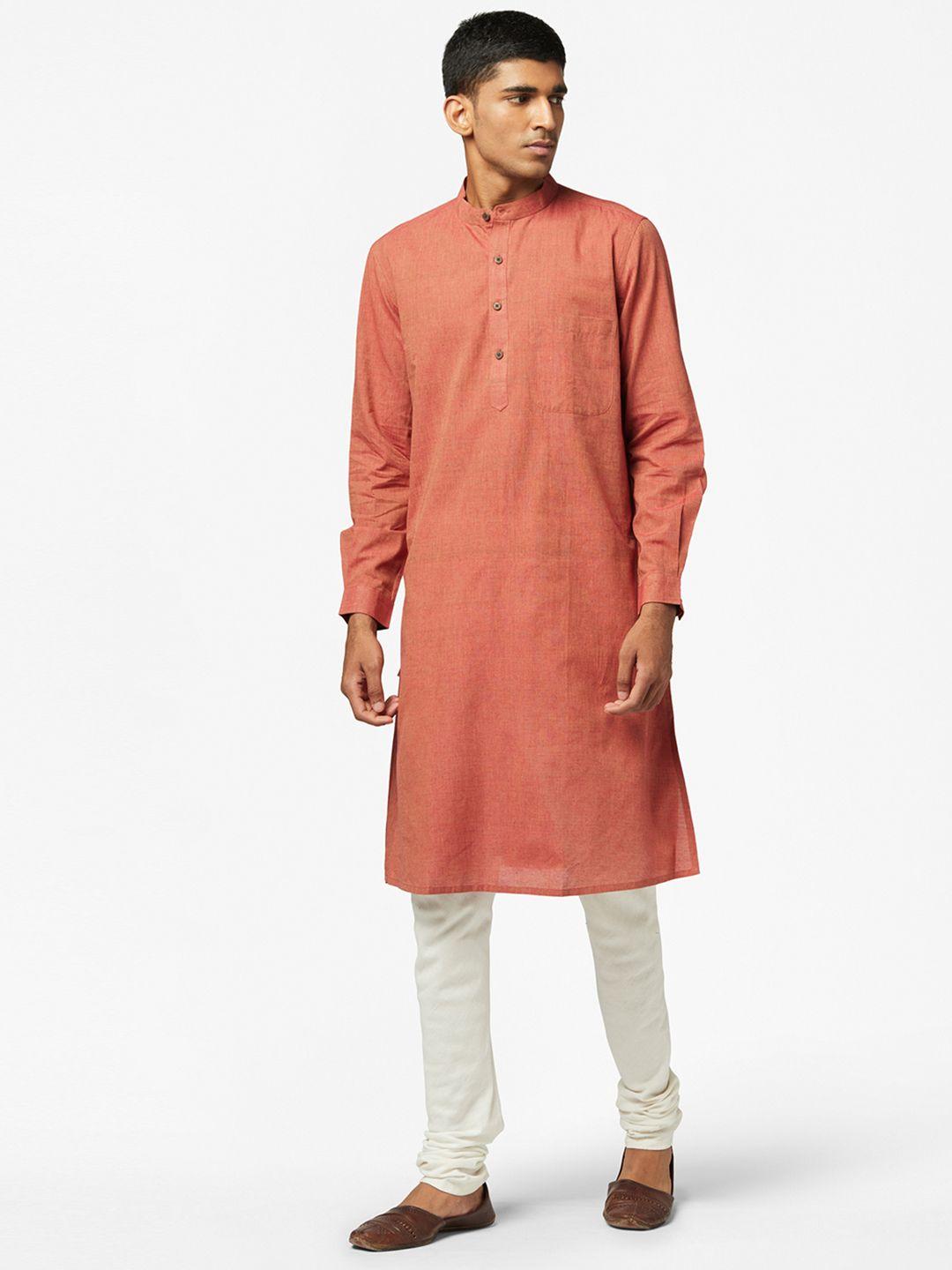 fabindia men coral red solid pure cotton kurta