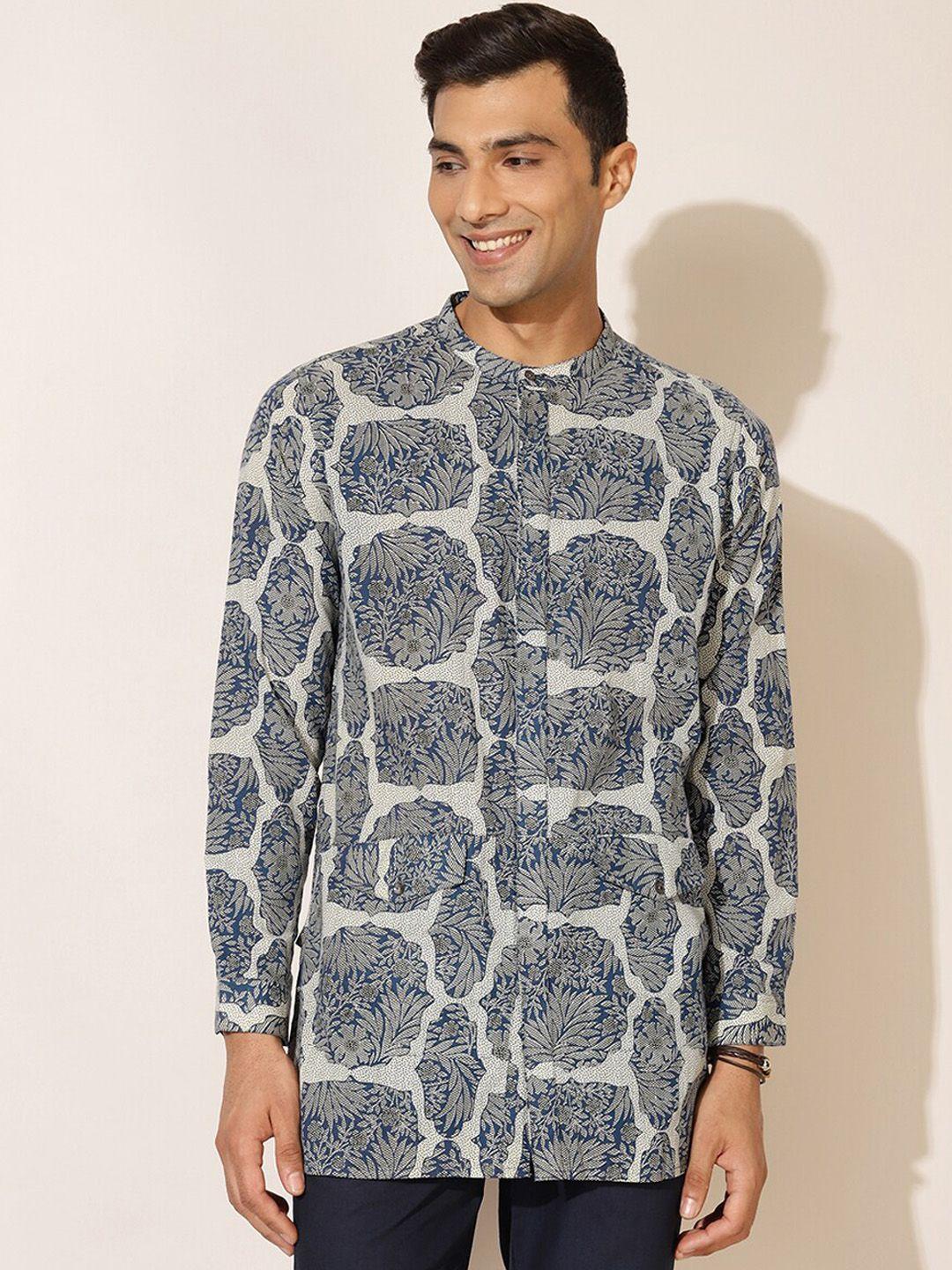 fabindia men ethnic motifs printed mandarin collar cotton kurta