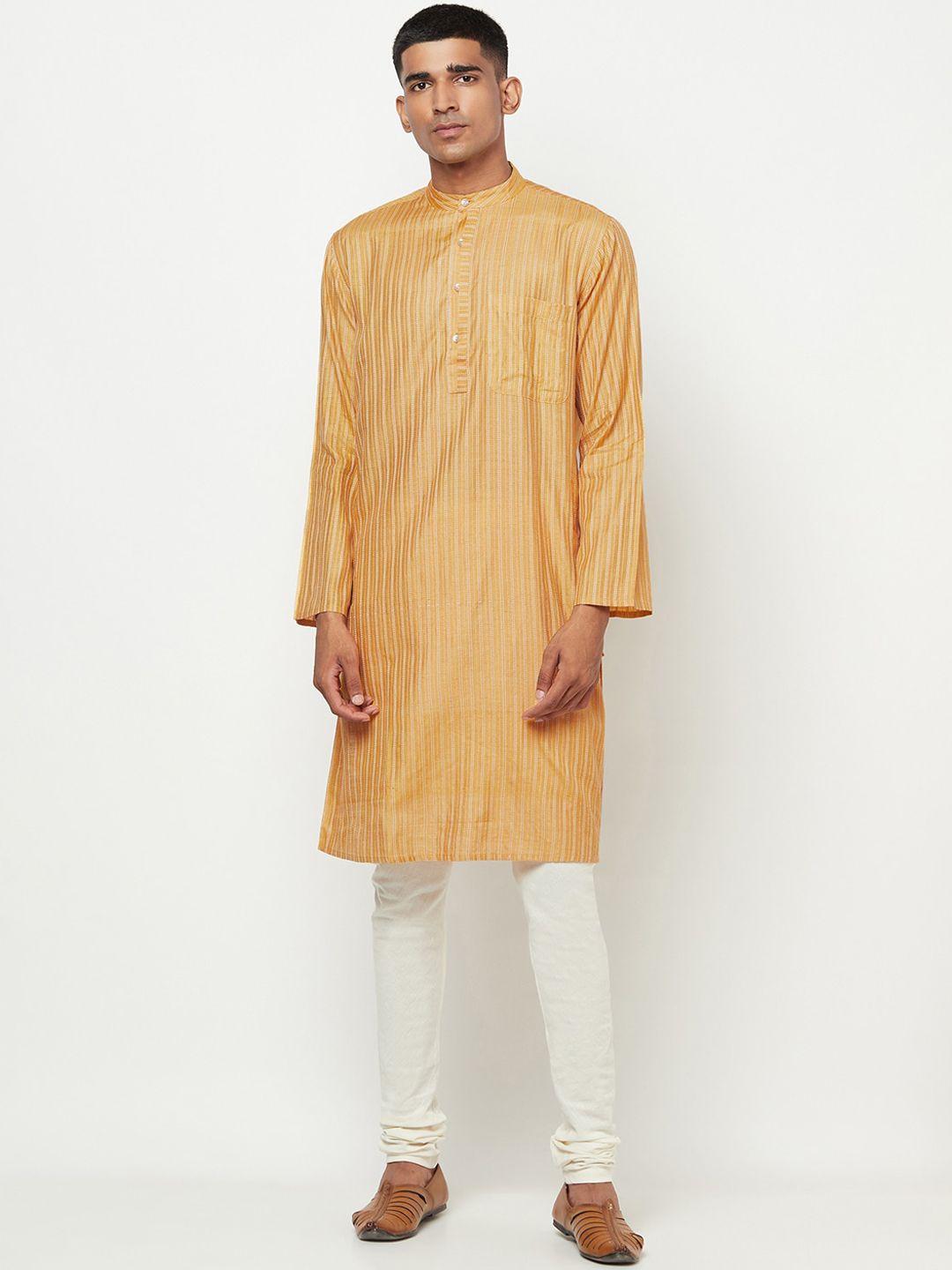 fabindia men golden & white striped silk tussar kurta