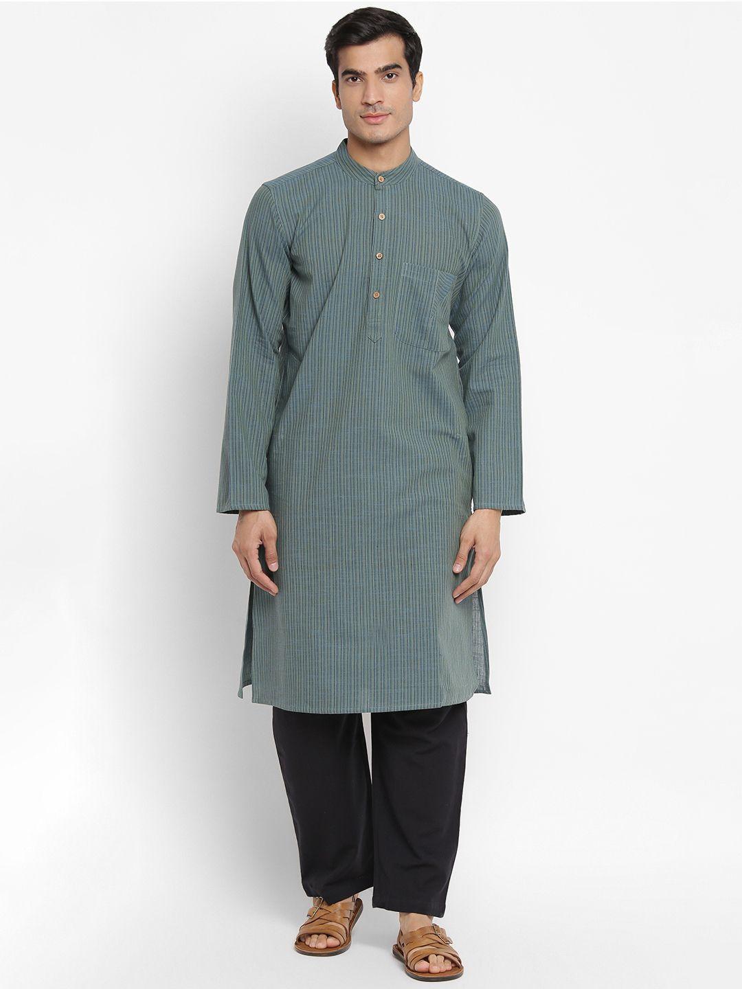 fabindia men green & blue pure cotton slim fit striped kurta