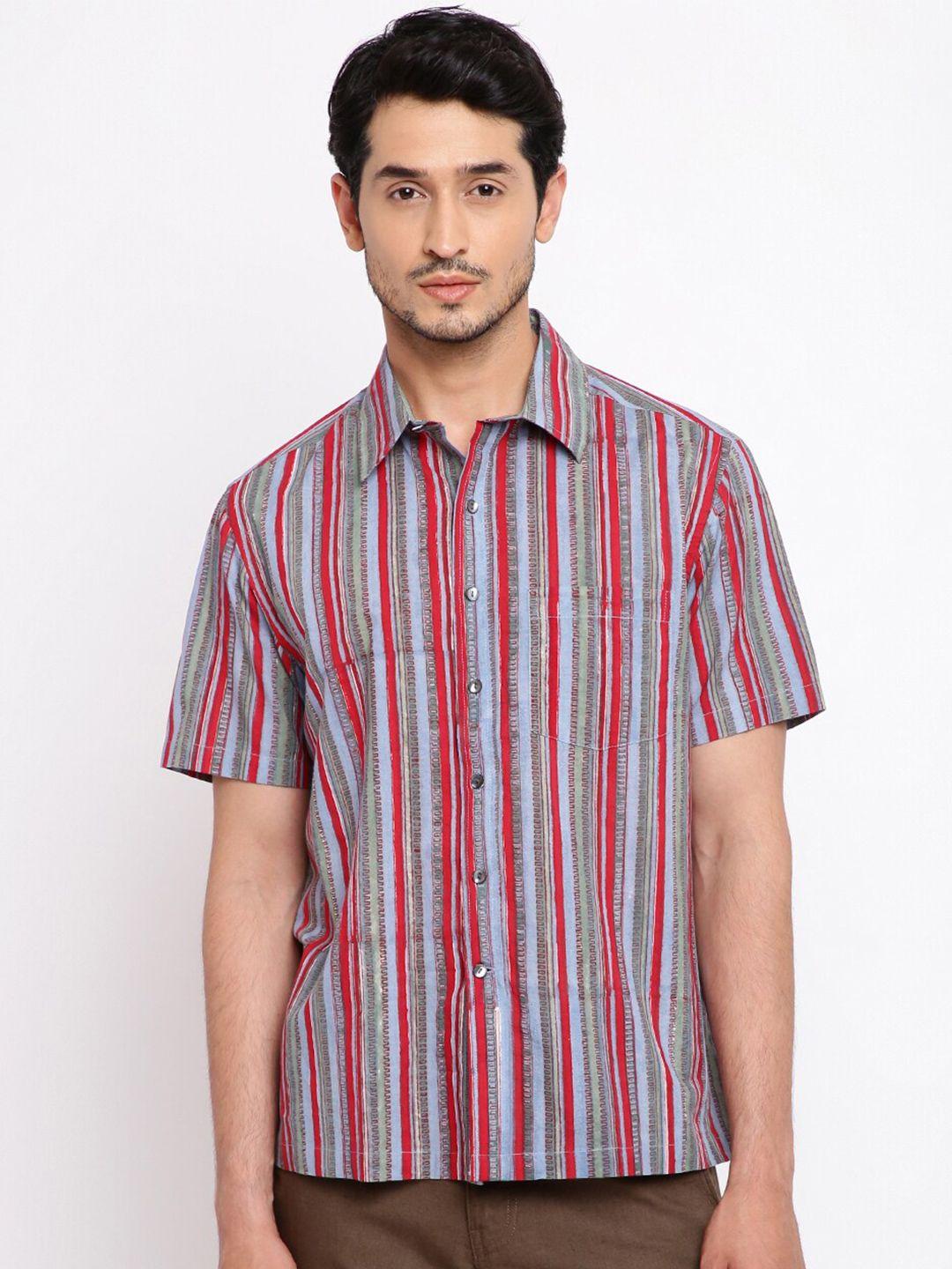 fabindia men green & red classic multi stripes striped cotton regular fit casual shirt