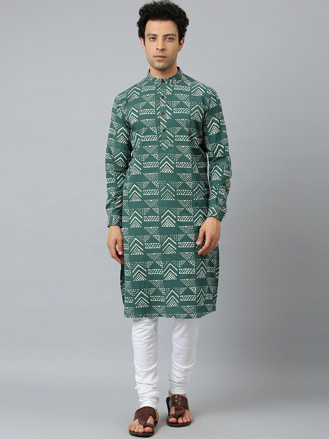 fabindia men green & white geometric printed cotton kurta