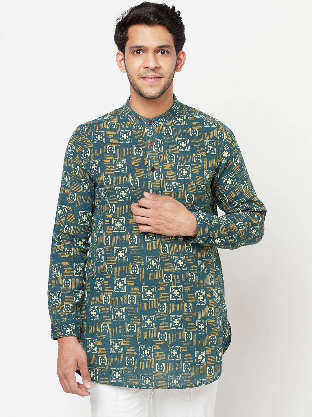 fabindia men green geometric printed cotton kurta