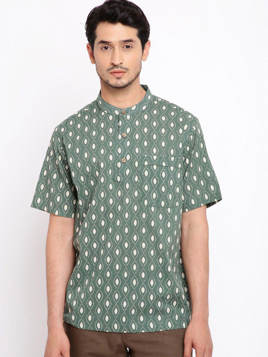 fabindia men green geometric printed cotton short kurta