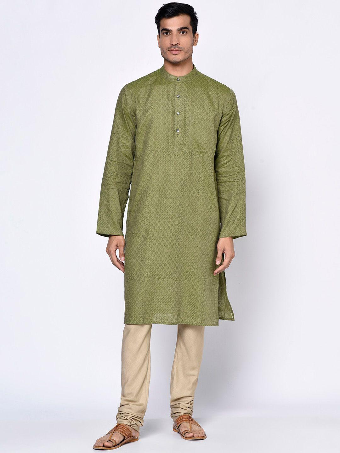 fabindia men green linen block printed slim fit kurta