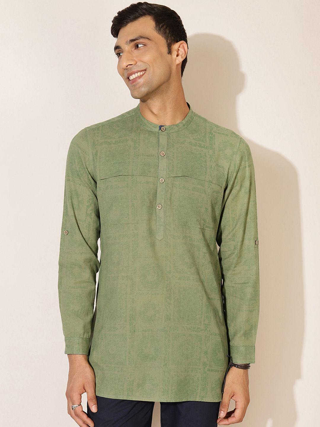 fabindia men green printed cotton short kurta