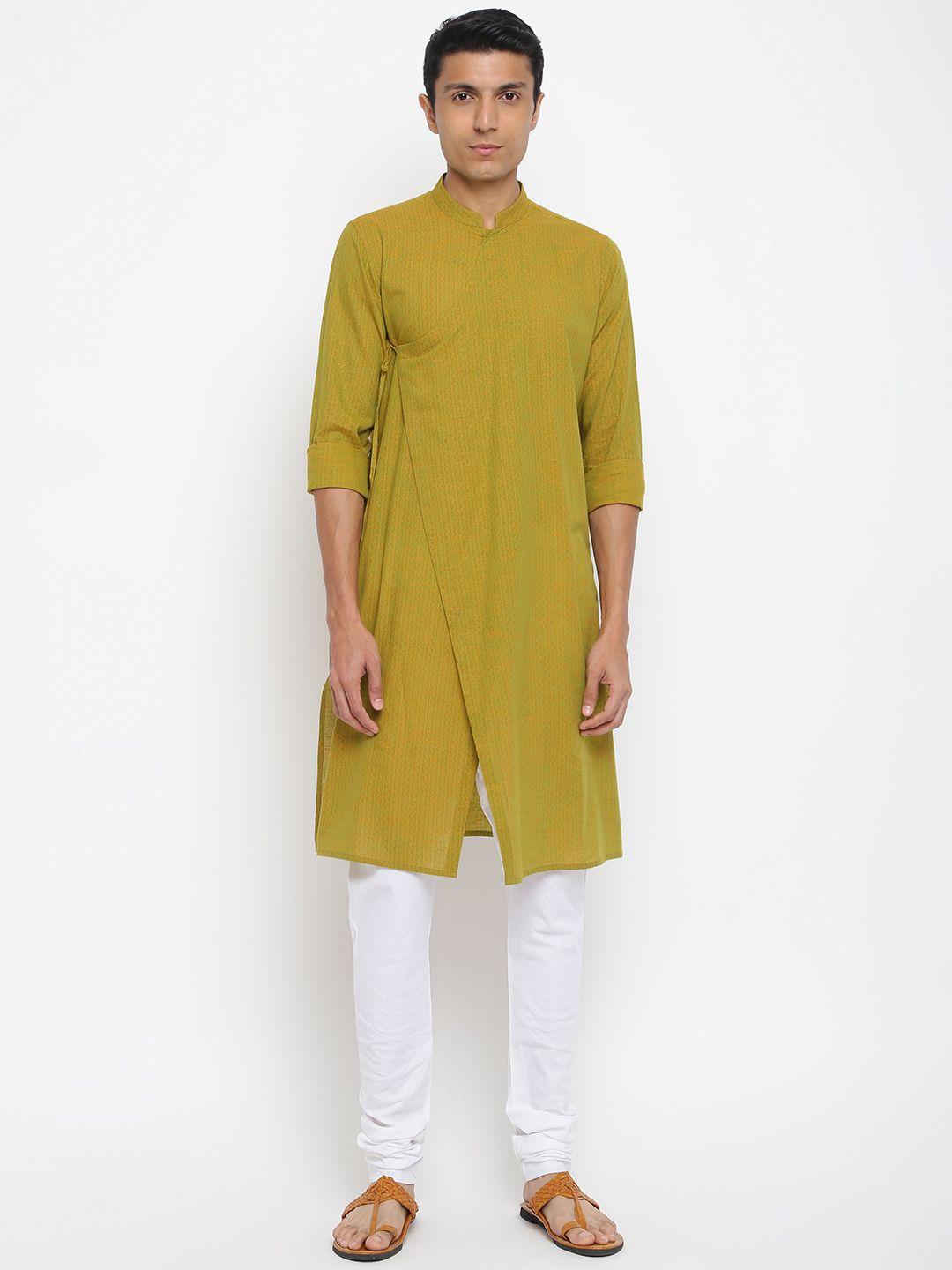 fabindia men green pure cotton geometric hand block print angrakha kurta