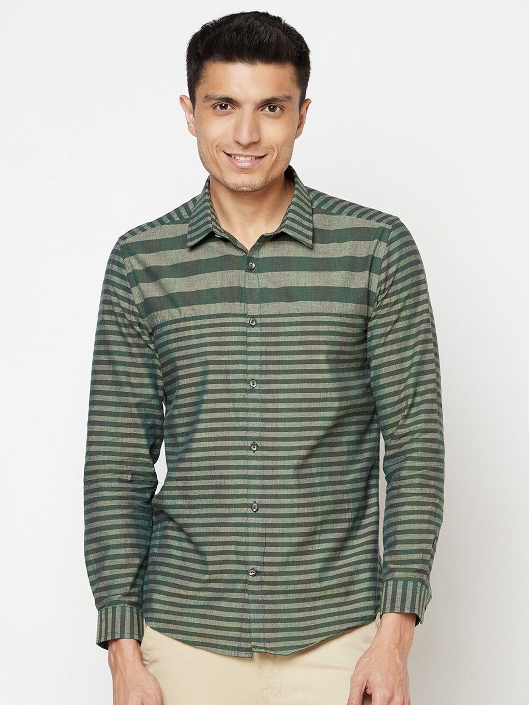 fabindia men green slim fit horizontal stripes striped casual shirt