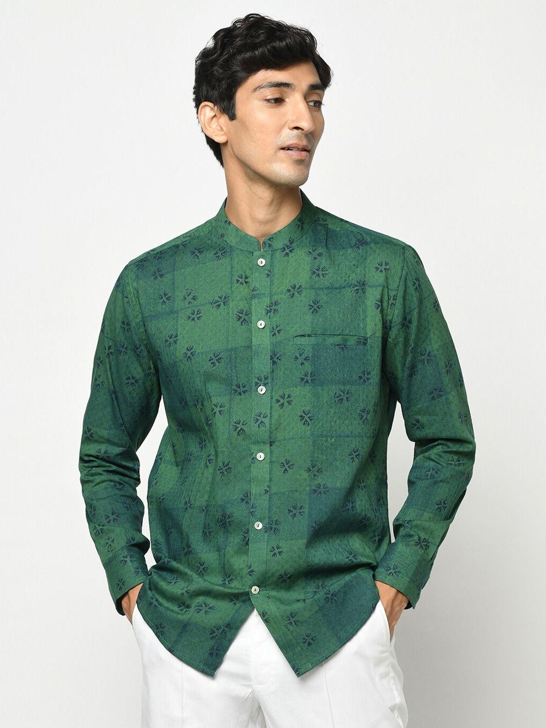 fabindia men green slim fit opaque printed cotton casual shirt