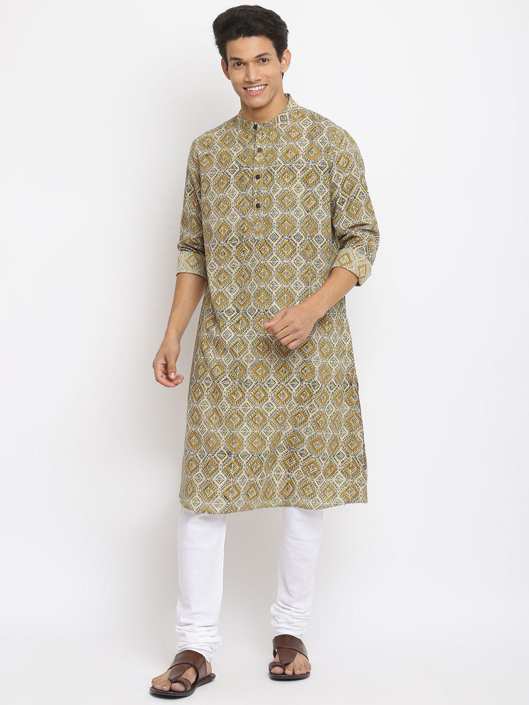 fabindia men khaki & black ethnic motifs printed pure cotton comfort fit  kurta