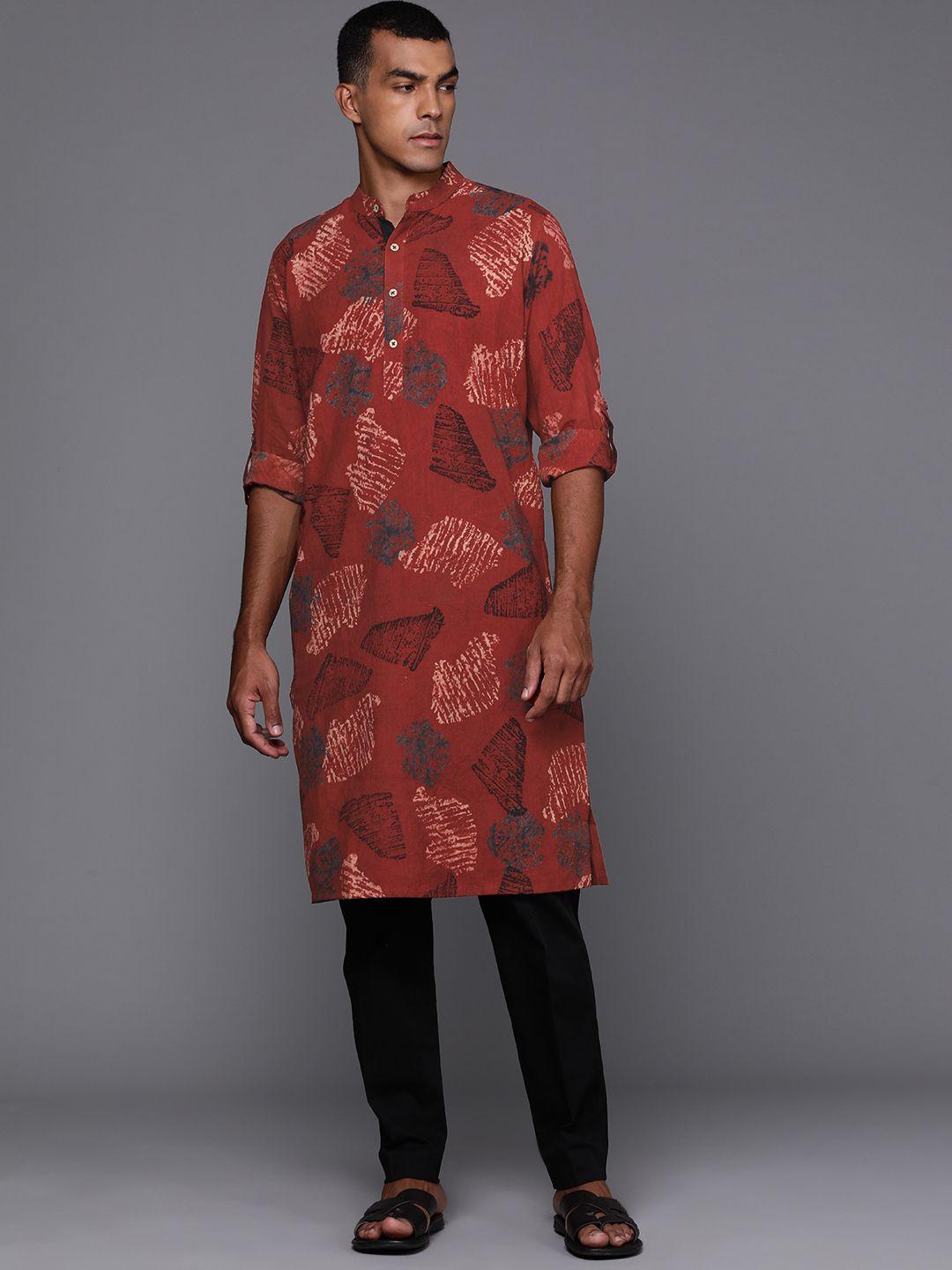 fabindia men maroon & black pure cotton ajrakh printed kurta