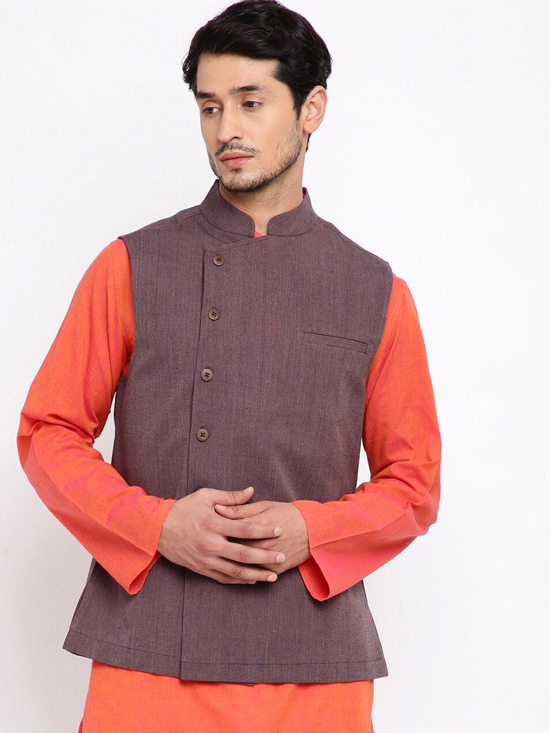 fabindia men mauve solid pure cotton woven nehru jacket