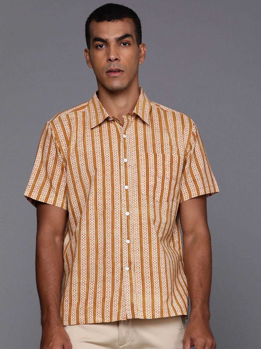 fabindia men mustard brown pure cotton comfort striped casual shirt