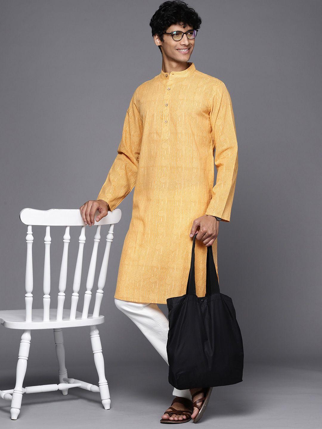 fabindia men mustard yellow ethnic motifs printed kurta