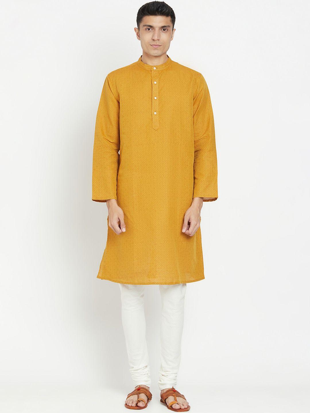 fabindia men mustard yellow geometric printed kurta