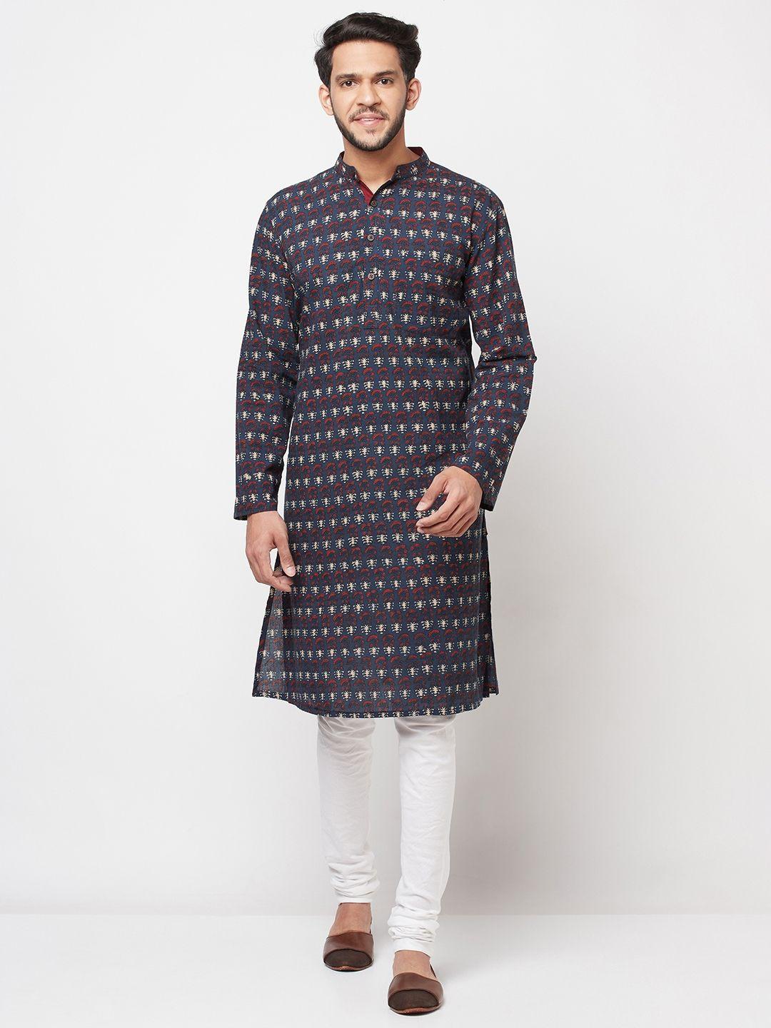 fabindia men navy blue & red pure cotton ethnic motifs printed ajrakh kurta