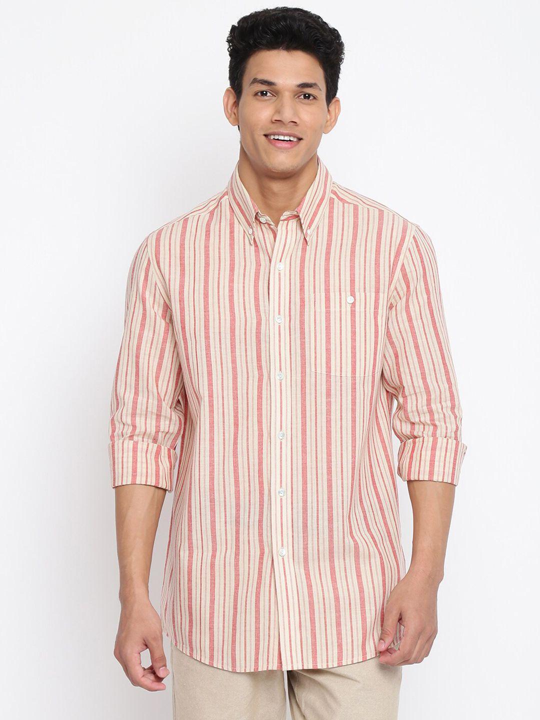 fabindia men off white & pink striped casual cotton shirt