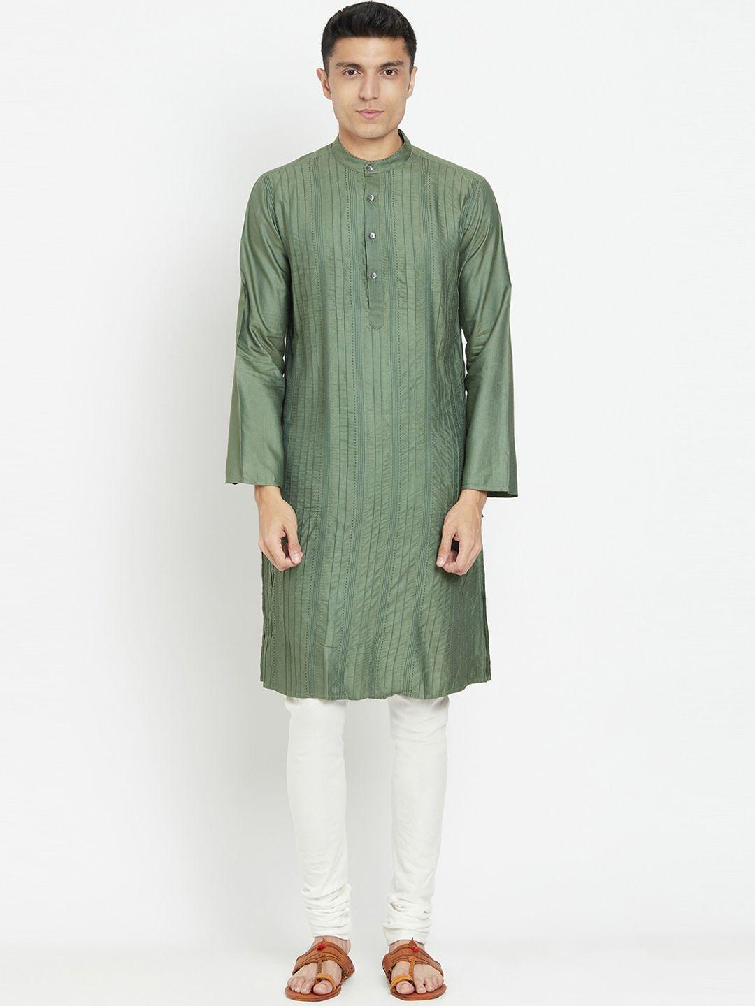 fabindia men olive green striped thread work kurta