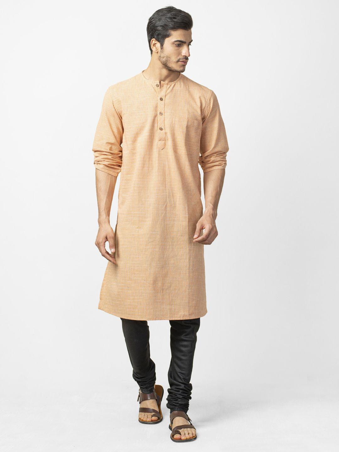 fabindia men orange & off-white comfort fit self-striped straight kurta