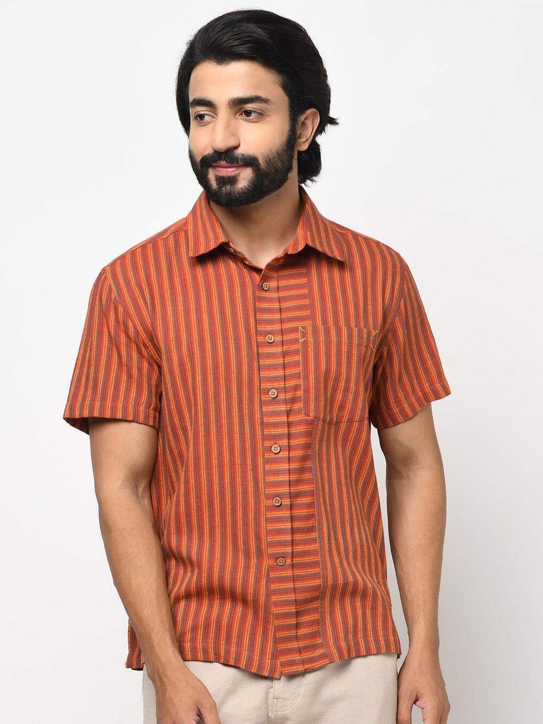 fabindia men orange & yellow opaque striped cotton dobby casual shirt