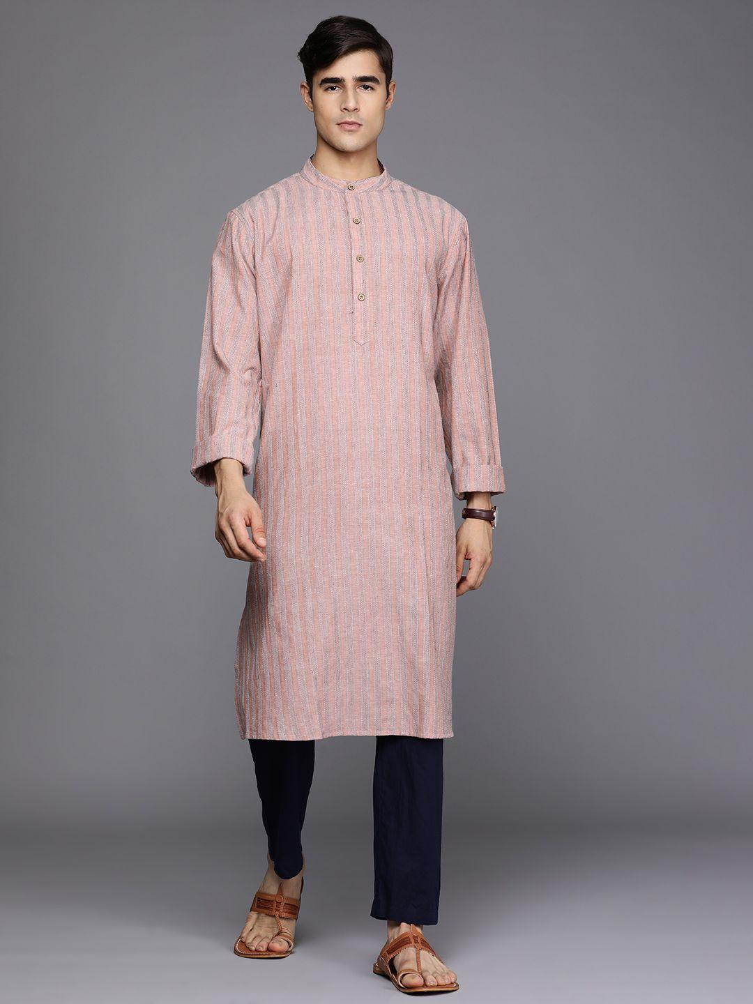 fabindia men peach-coloured & blue pure cotton striped thread work pastels kurta