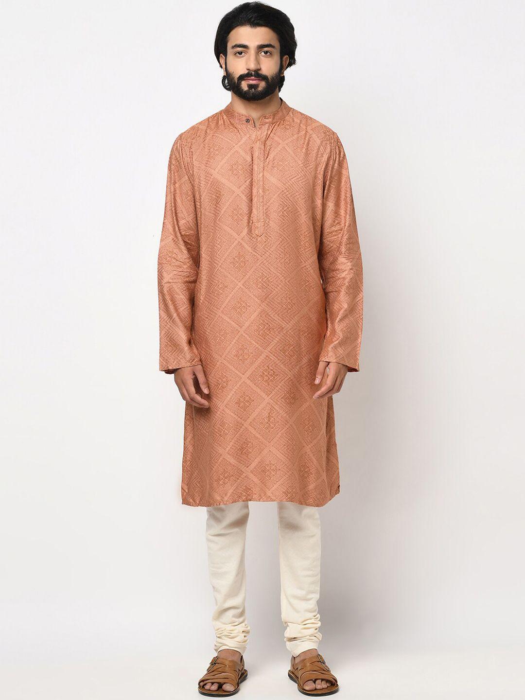 fabindia men peach-coloured ethnic motifs printed kurta