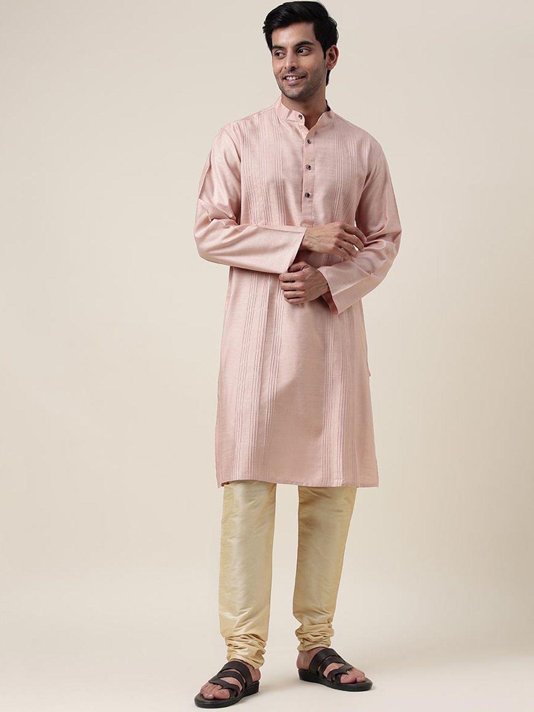 fabindia men peach-coloured keyhole neck flared sleeves gotta patti kurta