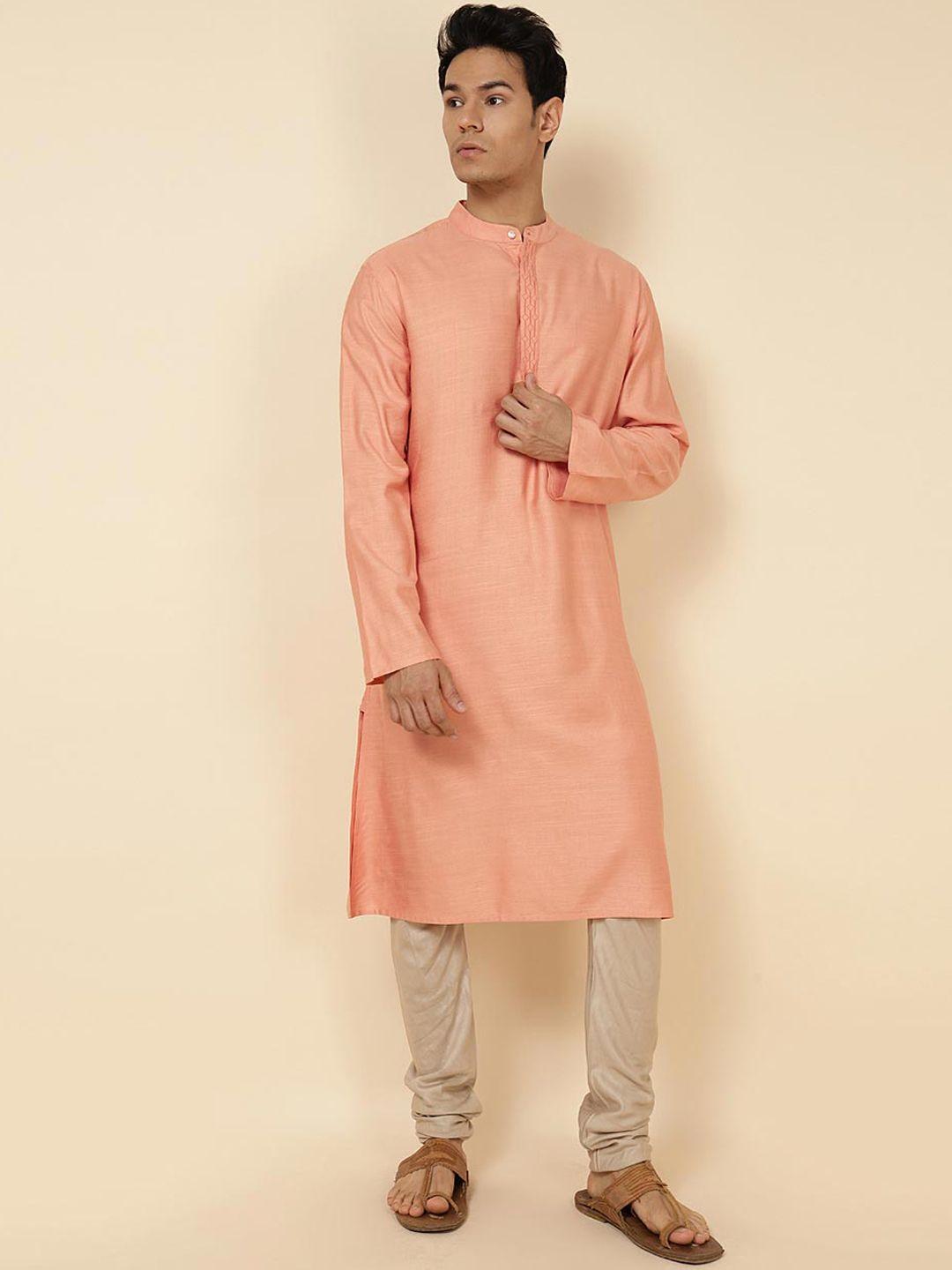 fabindia men peach-coloured thread work anarkali kurta