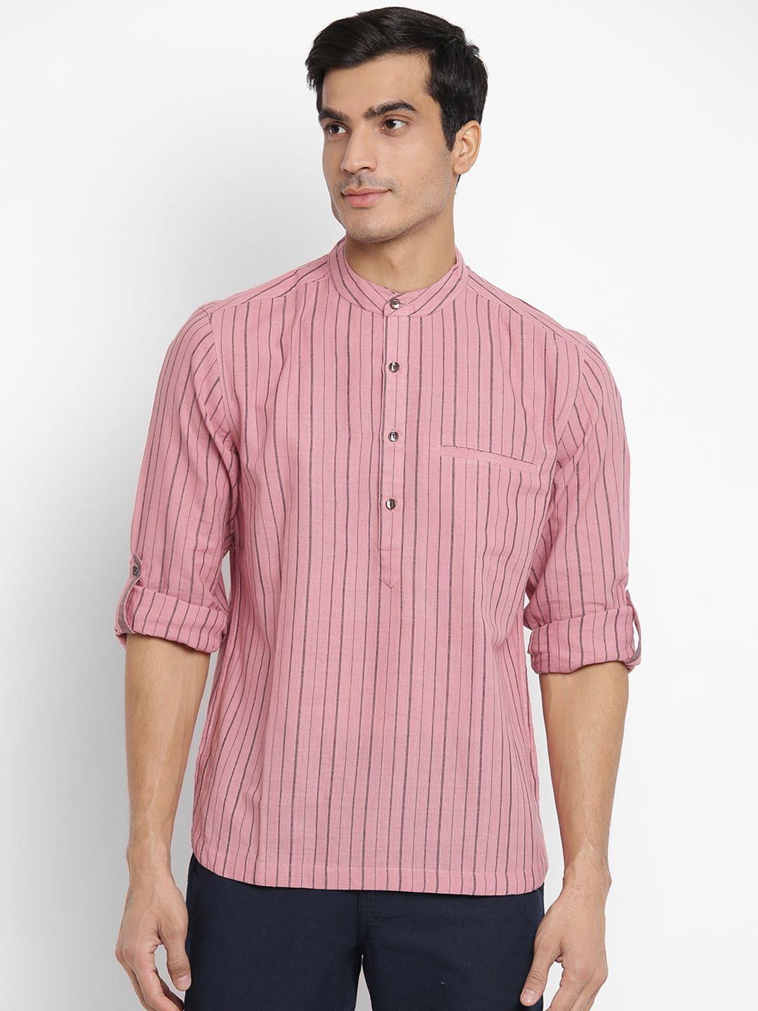 fabindia men pink & black cotton slim fit striped kurta