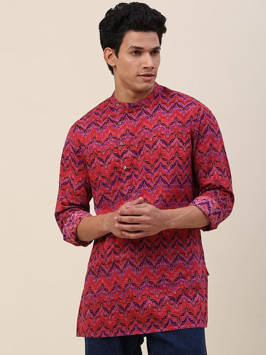 fabindia men purple & pink geometric printed pure cotton kurta