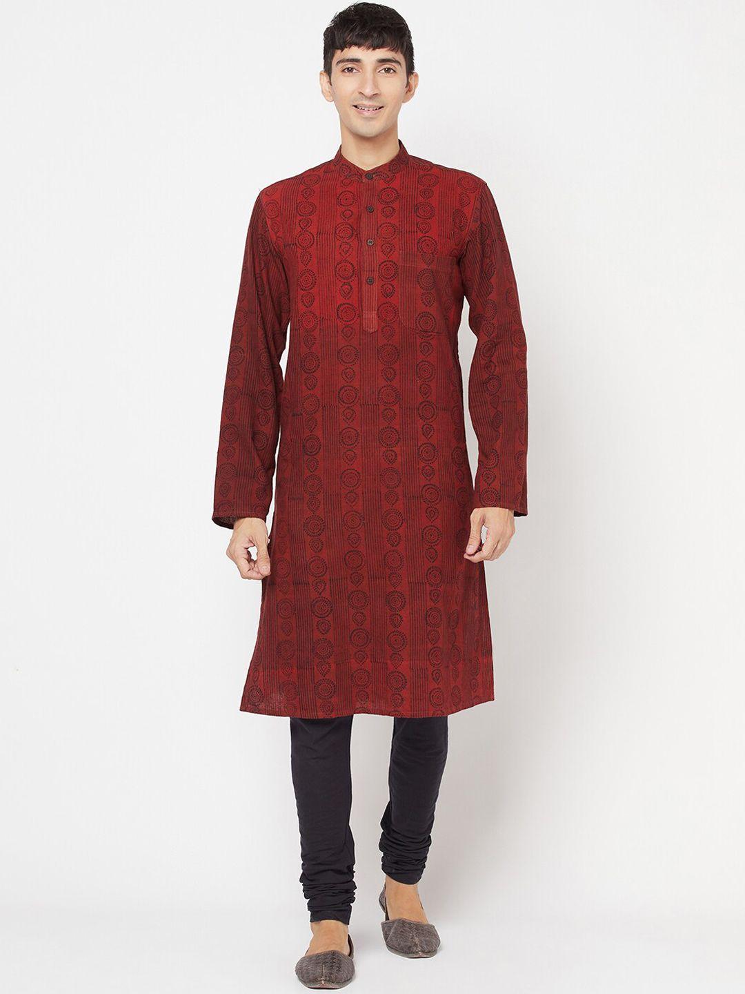 fabindia men red & black geometric printed cotton kurta