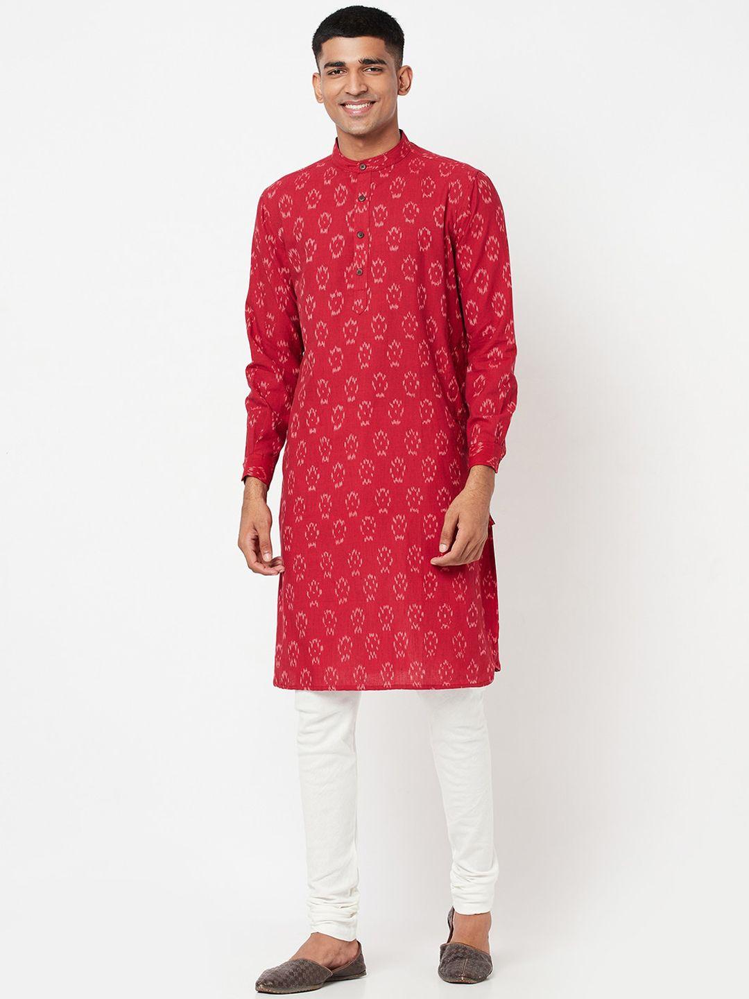 fabindia men red & white cotton ikat kurta