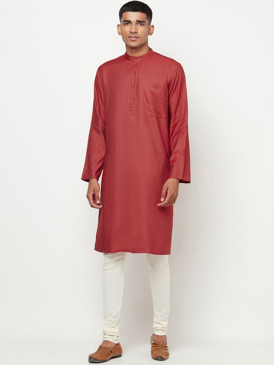 fabindia men red cold-shoulder sleeves thread work kurta