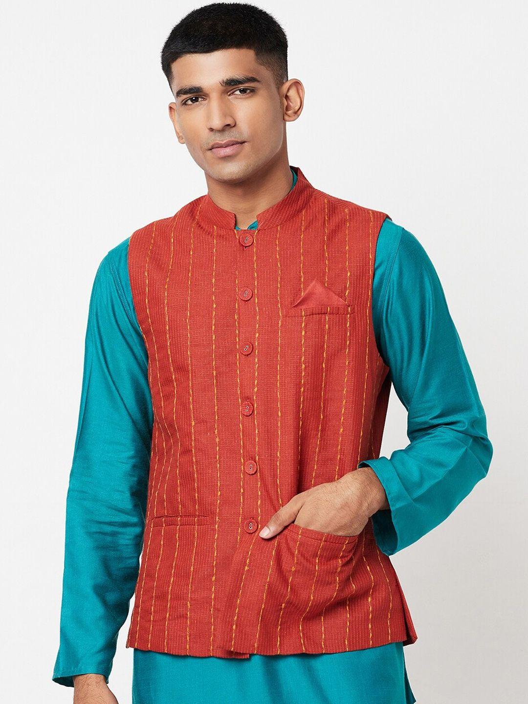 fabindia men red dobby woven design nehru jacket