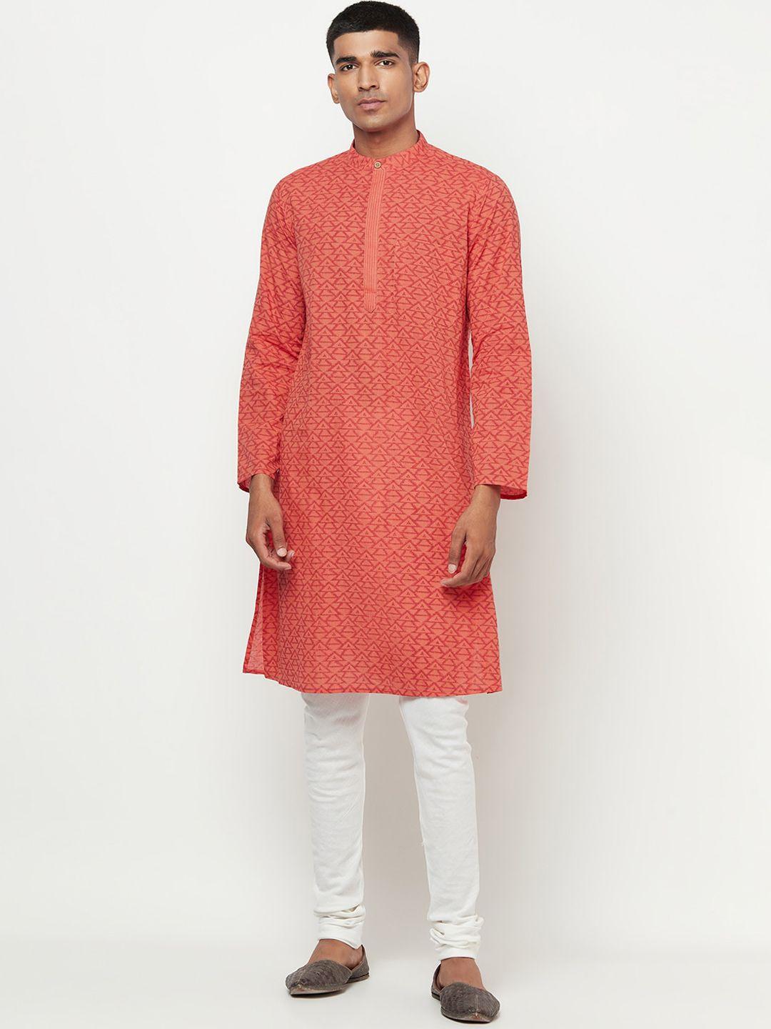 fabindia men red geometric printed cotton kurta