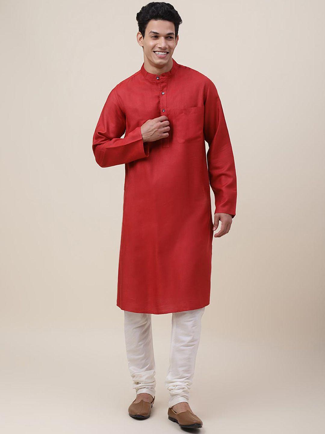 fabindia men red solid long sleeves kurta