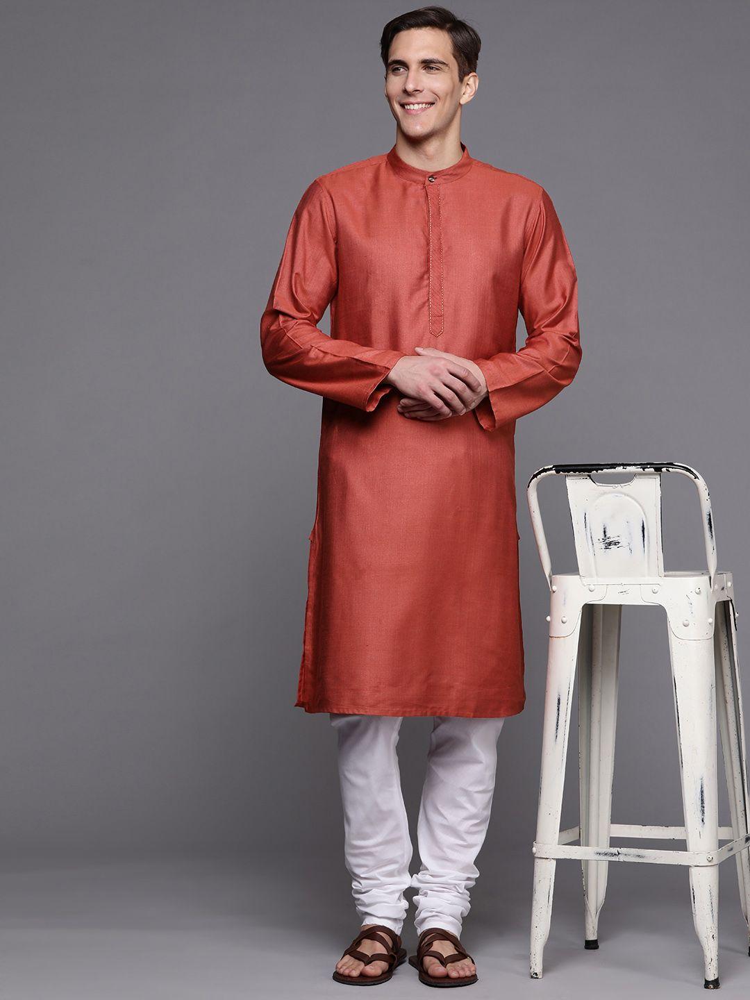 fabindia men red solid slim fit straight kurta