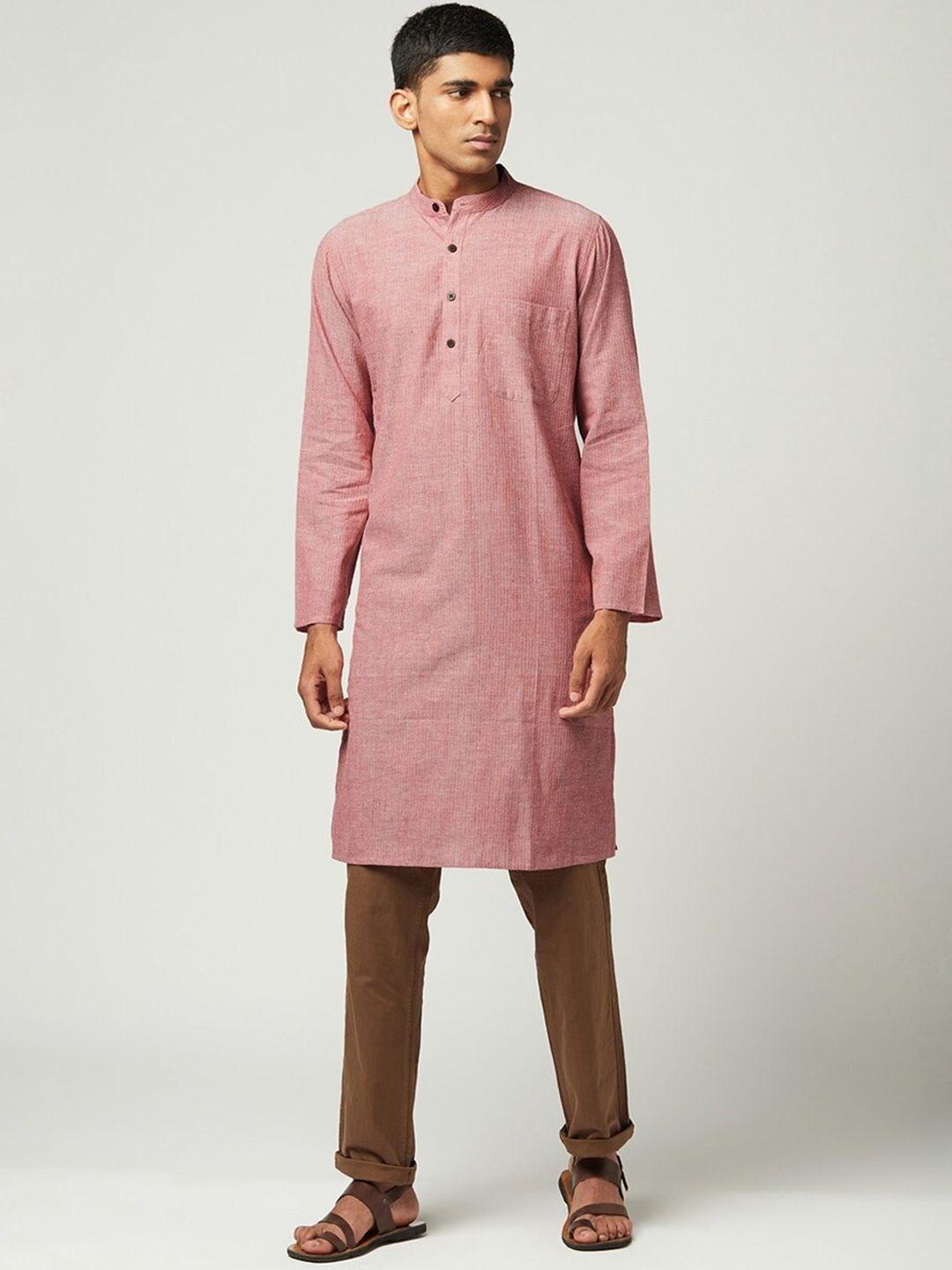 fabindia men red striped mandarin collar kurta