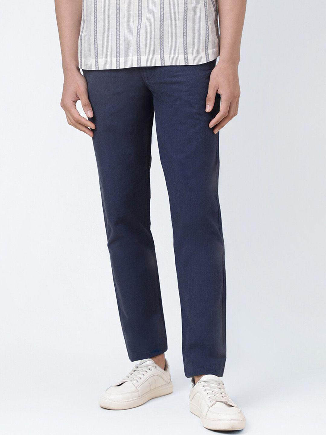 fabindia men slim fit mid-rise cotton trousers