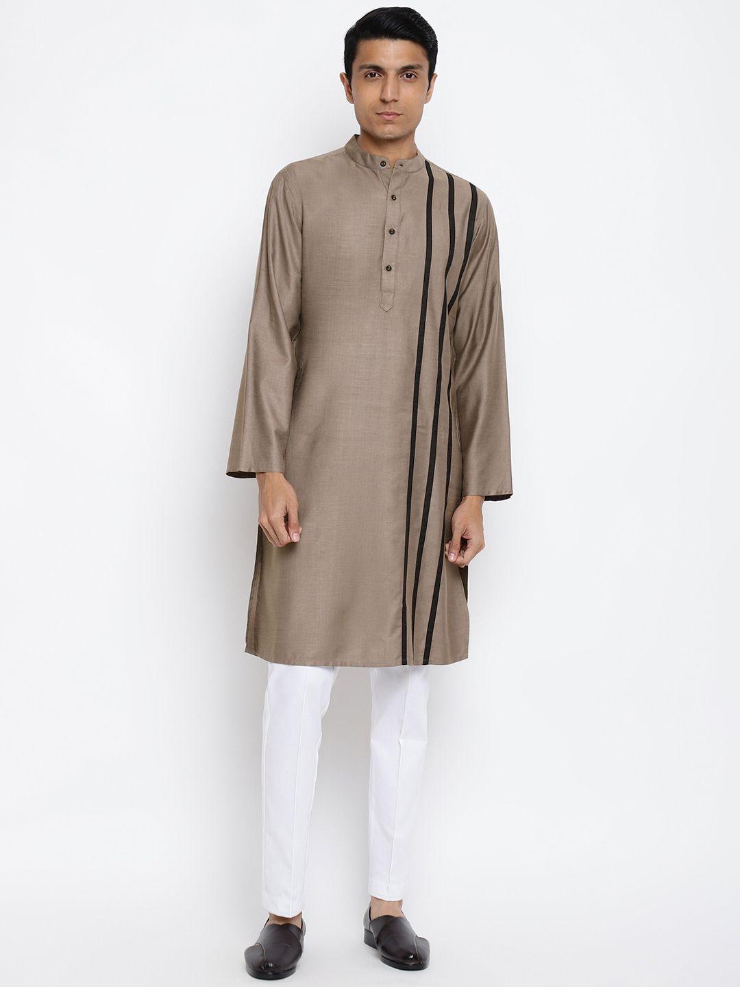 fabindia men taupe & black striped slim fit kurta